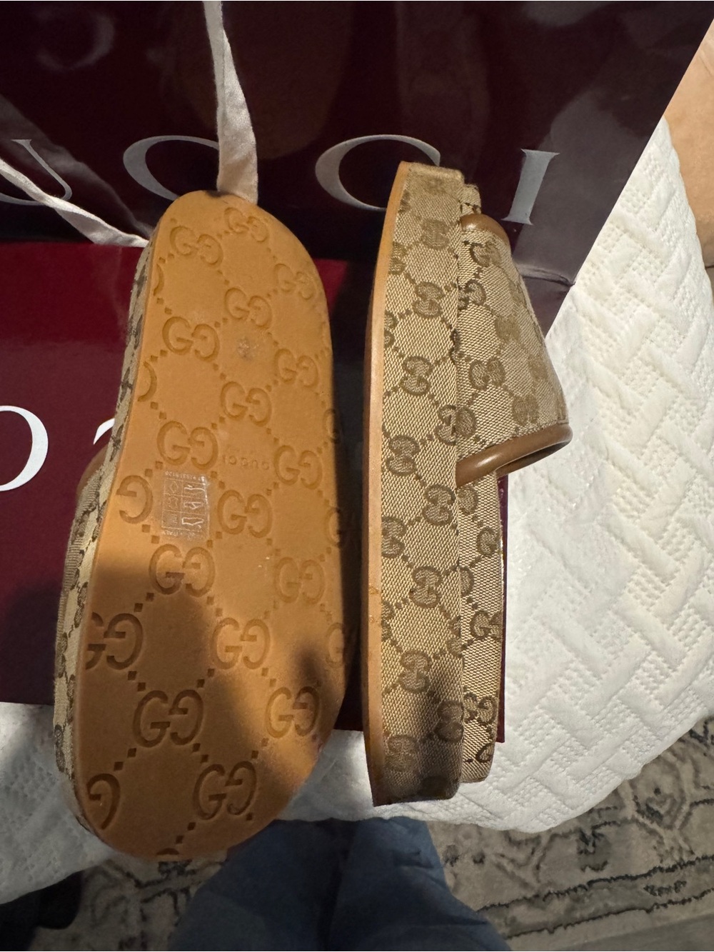 Gucci Beige Monogram Canvas Slide Sandals with Tan Trim - Picture 3 of 4